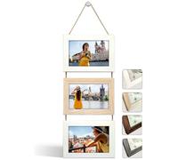 NEOWS Cadre Photo Multiple avec Corde pour Suspendre au Mur - Lot de Cadres Décoratifs pour Accrochage Mural Vertical - Porte Portrait Pele Mele - Photos 10x15 (Blanc et Chêne, 3 Photos Horizontal)