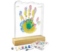 NEOWS kit Empreinte Main Famille pour 4 Membres en Acrylique avec 6 Couleurs, Cadre Idée Cadeau pour Parents et Jeunes Familles Original, Base Bois Naturel et Personnalisable, Peintures Non Toxiques