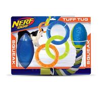 Nerf Dog Coffret cadeau 3 pièces pour chien, comprend un ballon de football couineur classique TPR de 17,8 cm, un ballon de football à 3 anneaux TPR de 26,7 cm et un ballon de football Nitro Blitz