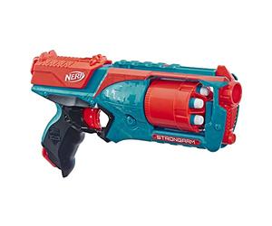Nerf Elite Strongarm Bleu et Orange et Flechettes Nerf Elite Officielles, Lanceur de Fléchettes à Tir en Rafale avec Canon Rotatif, Portée Optimale, Jouet 6 Fléchettes Officielles, dès 8 Ans
