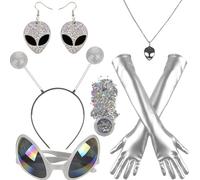 Nerien Ensemble de Costume D'Alien pour Femme - 7 Pièces de Costume D'Alien Spatial en Argent pour Adultes, Costume D'Extraterrestre pour Femme avec Diadème, Lunettes D'Alien, Boucles D'Oreilles