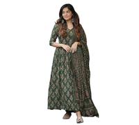 Nermosa Ensemble Kurta évasé imprimé pour femme avec pantalon et costume Dupatta | Kurta Set, Vert, XL