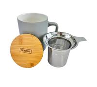 NERTHUS FIH 1568 Tasse en céramique avec infuseur en acier inoxydable et couvercle en bambou, design élégant, idéal pour thé et infusions Gris 375 ml