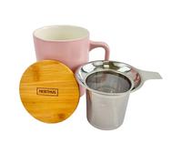 NERTHUS FIH 1570 Tasse en céramique avec infuseur en acier inoxydable et couvercle en bambou, design élégant, idéal pour thé et infusions Rose Fuchsia 375 ml