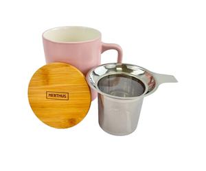 NERTHUS FIH 1570 Tasse en céramique avec infuseur en acier inoxydable et couvercle en bambou, design élégant, idéal pour thé et infusions Rose Fuchsia 375 ml
