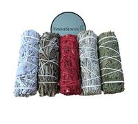 NessaStores Lot de 5 bâtonnets d'échantillons de sauge blanche, sauge noire, sang de dragon blanc, sauge bleue et cèdre - 10,2 cm attaché à la main, entièrement naturel, d'origine éthique pour le