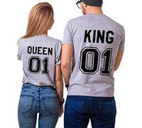 Nest Home Couple Shirt T-Shirt 100% Coton Tees Shirts pour Roi Reine Imprimé 01 Tops à Manches Courtes Anniversaire Cadeau d'amour 2 Pièces Chemise Casual Été (Gris, King-M+Queen-S)