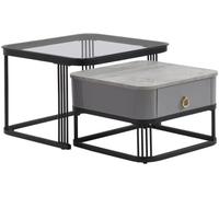 Nestable Table basse avec tiroir. Lot de 2, extérieur en marbre brillant, accents dorés, table d'appoint