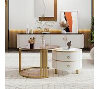 Nesting - Ensemble de tables basses rondes 2 en 1 avec plateaux en verre et MDF - Table d'appoint avec 2 tiroirs - Design moderne pour le salon - 70 x 70 x 45 + 50 x 50 x 40 cm