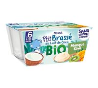 Nestlé Bébé - P'tit Brassé Bio Végétal Lait de Coco Mangue Kiwi - dès 6 Mois - 4 x 90g