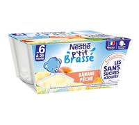 Nestlé Bébé P'tit Brassé - Laitage Pêche Banane sans sucres ajoutés - dès 6 mois - 4 x 90g