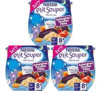 Nestlé Bébé P'tit Souper - Petits Pots Bébé - Aubergines, Tomates, Pâtes - Dès 8 mois - 2x200g (Lot de 3)