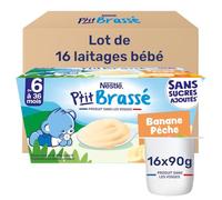 Nestlé - P’tit Brassé Banane Pêche - Alimentation Bébé 6 Mois et Plus - Dessert Bébé au Lait Entier - Laitage Source de Calcium - Sans Sucres Ajoutés - Produit en France - 4 x 90gr