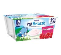 Nestlé - P’tit Brassé Framboise - Alimentation Bébé 6 Mois et Plus - Dessert Bébé au Lait Entier - Laitage Source de Calcium - Moins 50% de Sucres Minimum - Produit en France - 4 x 100g