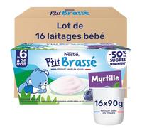 Nestlé - P’tit Brassé Myrtille - Alimentation Bébé 6 Mois et Plus - Dessert Bébé au Lait Entier - Laitage Source de Calcium - Moins 50% de Sucres Minimum - Produit en France - 4 x 100g