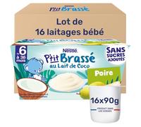 Nestlé - P’tit Brassé Poire au Lait de Coco - Alimentation Bébé 6 Mois et Plus - Dessert Bébé au Lait de Coco - Aternative Végétale - Sans Sucres ajoutés - Produit en France - 4 x 90g