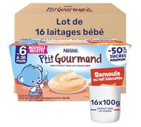 Nestlé - P’tit Gourmand Semoule au Lait Biscuité - Crème Dessert Gourmande Bébé 6 Mois+ - Alimentation Bébé Lait Entier Français - Moins Sucré - Source de Calcium - Sans Colorant ni Conservateur