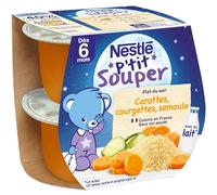 Nestlé - P’tit Souper Carottes Courgettes Semoule - Petits Pots Bébé 6 Mois et Plus - Composés de Légumes, Féculents, Lait Écrémé - Pour un Repas Bébé Soir Doux - Texture Moulinée - Sans Sel Ajouté