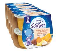 Nestlé - P’tit Souper Pomme de Terre, Butternut, Patate Douce - Petits Pots Bébé 6 Mois - Composé de Légumes, Féculents, Lait Écrémé - Pour un Repas Bébé Soir Doux - Texture Moulinée - Sans Sel Ajouté
