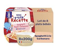 Nestlé - P'tite Recette Spaghetti façon Carbonara - Repas Bébé 8 Mois et + - Alimentation Bébé Complète - Viande de Boeuf Française - Cuisine du Monde - Fabriqué dans les Vosges - 2x200g