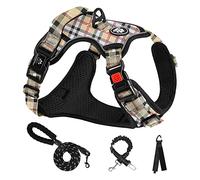 NESTROAD Harnais Chien Veste Anti-Traction avec Longe, Beige Plaid Taille S | Reflétant, ajustable sans étouffement pour promenade & entraînement, tour de cou 28-38 cm, tour de poitrine 38-53 cm