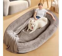 NESTROAD Lit pour Chien Humain pour Animaux de Compagnie et Adultes, 180,3 x 114,3 x 35,6 cm, Housse Lavable en Fausse Fourrure avec Couverture et Oreiller, très Grand Pouf pour Homme, Camel