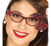 NET TOYS Lunettes rétro Rockabilly | Noir-Rouge | Accessoire Scintillant pour Femme Yeux de Chat années 50 | Le Point Fort d'une soirée à thème & d'une fête déguisée