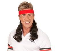 NET TOYS Postiche avec Bandeau Rouge Nuque Longue Noire Faux Cheveux Beauf Chevelure Bad Taste Party Déguisement Accessoire