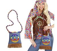 NET TOYS Sac de Hippie Peace Sacoche Hippie Besace à Franges années 70 Flower Power Pochette années 60 Sac à Main rétro soirée déguisée Bourse en Toile Carnaval Costume Accessoire Femme