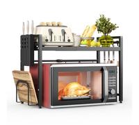 NETEL Extensible Etagere Micro Onde à 2 Niveaux,étagère Plan Travail pour microwaves,Etagere Cuisine avec 8 Crochets, Support pour Micro-Ondes avec Porte-Couteaux et Porte-Plateau à Découper,Noir