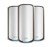 NETGEAR Orbi Série 970 Système Mesh WiFi 7, Jusqu'à 660 m², Pack de 3 | Jusqu'à 27 Gbit/s, 200 appareils, Quadri-Bande, Fonctionnalités de Sécurité, Port 10 Gig, Routeur + 2 Satellites, RBE973S