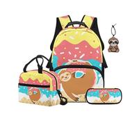 NETILGEN Ensemble sac à dos 4 en 1 avec sac à déjeuner isotherme, trousse à crayons et pendentif en cuir pour garçons et filles pour école primaire primaire, Donuts paresseux, L, Décontracté