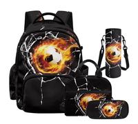 NETILGEN Ensemble sac à dos 4 en 1 pour l'école, le voyage, le sac à livres pour garçons avec boîte à déjeuner, trousse à crayons et pochette pour bouteille, Football pompier., L, Décontracté