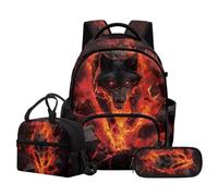 NETILGEN Ensemble sac à dos d'école 3 en 1 pour enfants avec sac à déjeuner et trousse à crayons, Flame Wolf, L, Décontracté