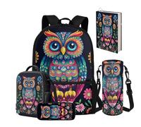 NETILGEN Ensemble sac à dos pour enfants avec boîte à déjeuner isotherme, trousse à crayons, housse pour bouteille d'eau, housse de livre 5 en 1 pour l'école primaire, 7-10/10-12 ans, Chouette animale