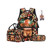 NETILGEN Ensemble sac à dos pour enfants avec sac à déjeuner, trousse à crayons et porte-clés en cuir 4 en 1 pour garçons et filles, Vache Highland Cartoon, L, Décontracté
