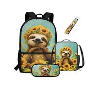 NETILGEN Ensemble sac à dos pour enfants avec sac à déjeuner, trousse à crayons, porte-clés 4 en 1 pour maternelle, sac à dos de randonnée, sac à dos, Paresseux tournesol., Sac à dos enfant