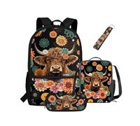 NETILGEN Ensemble sac à dos pour enfants avec sac à déjeuner, trousse à crayons, porte-clés 4 en 1 pour maternelle, sac à dos de randonnée, sac à dos, Boho Floral Blossoms Vache, Sac à dos enfant