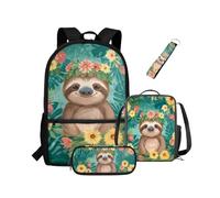 NETILGEN Ensemble sac à dos pour enfants avec sac à déjeuner, trousse à crayons, porte-clés 4 en 1 pour maternelle, sac à dos de randonnée, sac à dos, Paresseux Fleur, Sac à dos enfant
