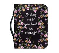 NETILGEN Flower Be Strong and Let Your Heart Take Courage Housse de Bible avec poignée et fermeture éclair en cuir PU Fournitures d'étude de la Bible pour femmes et hommes Étui d'église
