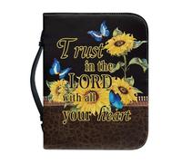 NETILGEN Grande housse de bible en cuir synthétique pour femmes, hommes, filles, housse de transport pour livres, sac d'église, cadeaux chrétiens, Papillon Tournesol Trust in the Lord With All Your