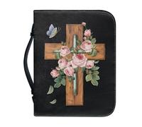 NETILGEN Grande housse de bible en cuir synthétique pour femmes, hommes, filles, housse de transport pour livres, sac d'église, cadeaux chrétiens, Croix rose papillon, L-25.9x17.8 cm