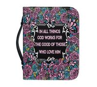 NETILGEN Housse de bible en cuir pour femme avec fermeture éclair et poignée - Résistant aux taches - Inscription « In All Things God Works for The Good of Those Who Love Him »