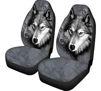 NETILGEN Lot de 2 housses de siège de voiture avec imprimé loup gris - Housses de siège avant en tissu élastique - Housses de siège lavables - Universelles