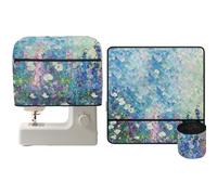 NETILGEN Lot de 2 sets de table décoratifs pour machine à coudre et housse anti-poussière avec ouverture sur le dessus et poche avant zippée, Aquarelle Fleurs Bleues, étui de transport