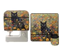 NETILGEN Lot de 2 sets de table matelassés et housse anti-poussière pour machines à coudre avec poche de rangement zippée, Chat noir floral, étui de transport
