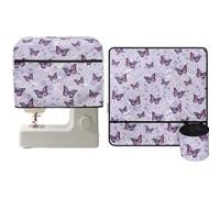 NETILGEN Lot de 2 tapis de machine à coudre et housse anti-poussière avec poche de rangement avant zippée compatible avec la plupart des machines à coudre de taille standard, imprimé papillon violet