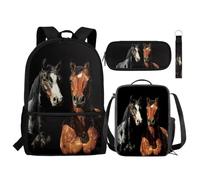 NETILGEN Lot de 4 sacs à dos pour enfant comprenant un sac à bandoulière, un sac à déjeuner, un trousseau à crayons, un porte-clés, fournitures scolaires, Cheval noir marron, Taille unique, Sacs à dos