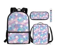 NETILGEN Lot de 4 sacs à dos pour enfant comprenant un sac à bandoulière, un sac à déjeuner, un trousseau à crayons, un porte-clés, fournitures scolaires, Marbre bleu violet étoilé, Taille unique,
