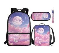NETILGEN Lot de 4 sacs à dos pour enfant comprenant un sac à bandoulière, un sac à déjeuner, un trousseau à crayons, un porte-clés, fournitures scolaires, Papillon Lune Nuage, Taille unique, Sacs à